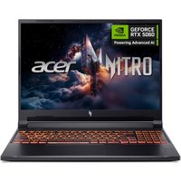 Acer Nitro V16 laptop, black with red backlit keyboard, 16-inch screen, GeForce RTX 5060, sleek design.