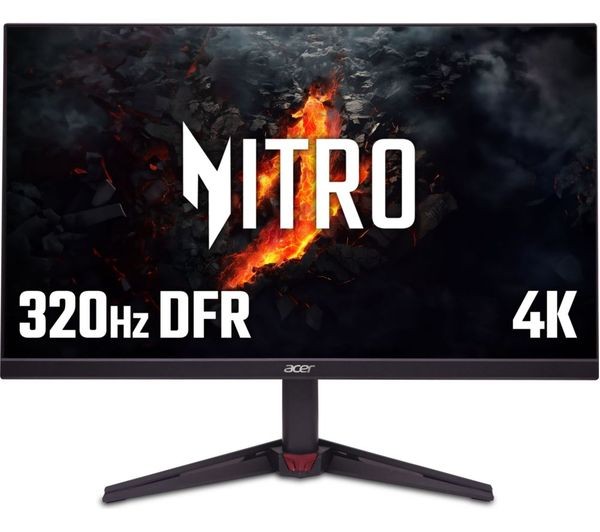 27-inch Acer Nitro VG270KV4bmiipx monitor featuring 4K Ultra HD resolution, 160Hz refresh rate, 1ms response time, sleek black design, and a bold "NITRO" logo on the screen.