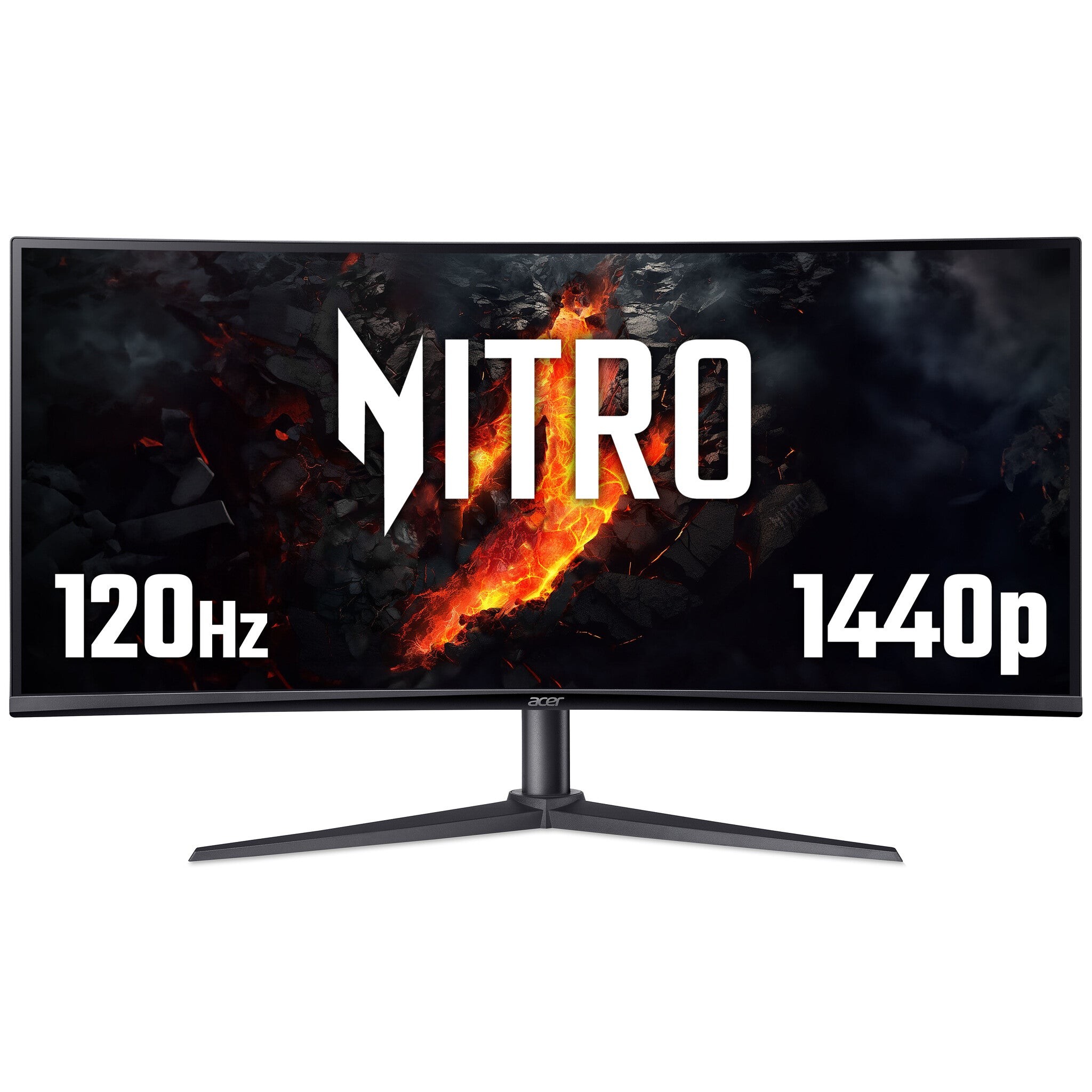 Curved 34" Acer Nitro XZ340CUJ0 gaming monitor featuring a 21:9 aspect ratio, 1500R curve, 120Hz refresh rate, and bold "NITRO" branding on a dark background.