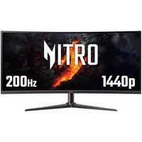 Curved black Acer Nitro monitor, 34" WQHD, 21:9 ratio, 200Hz, 1ms response, sleek stand, thin bezels.