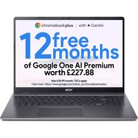 Acer Plus 516 Chromebook, 16-inch, Intel Core i3, 8GB RAM, 128GB SSD, sleek silver design with black keyboard.