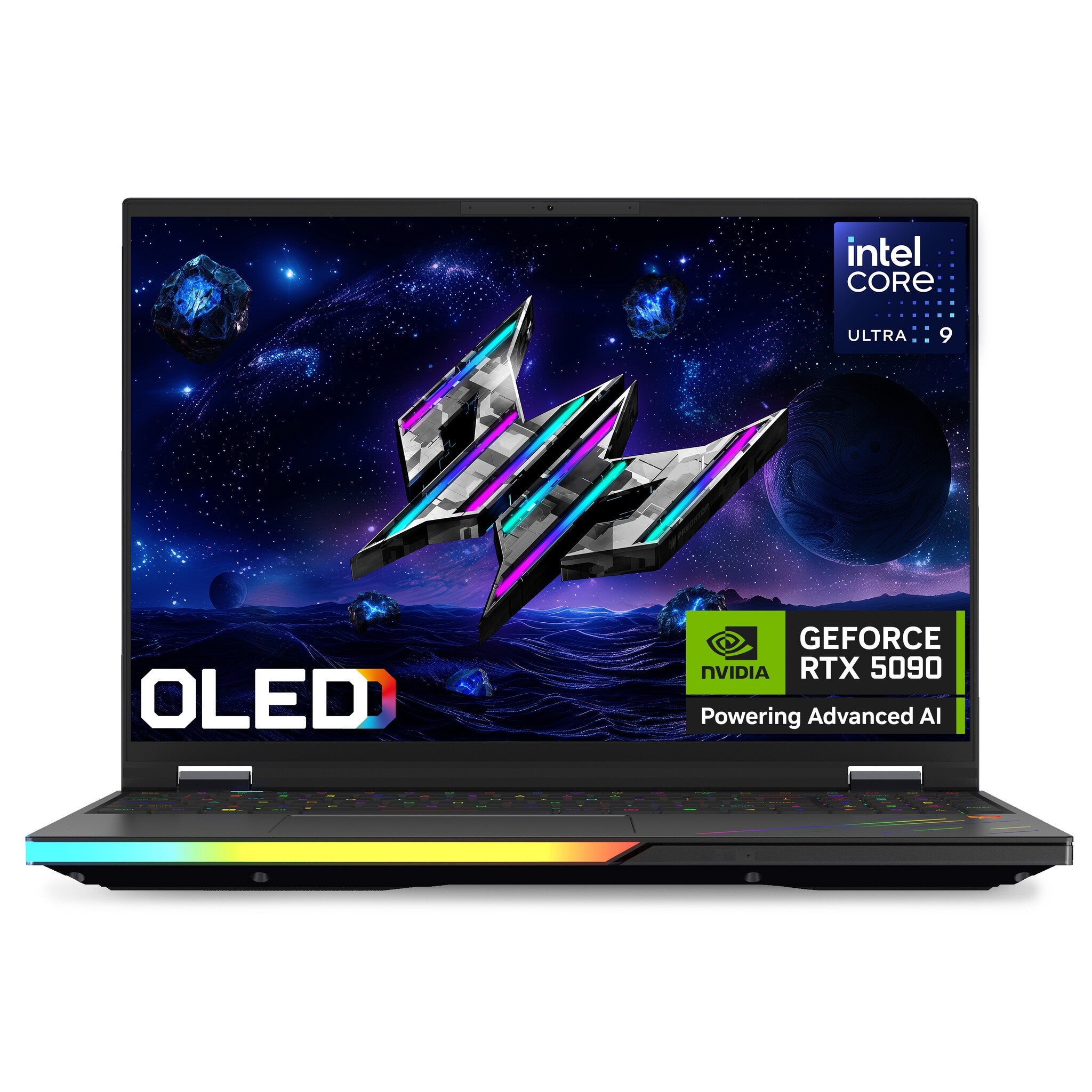 Acer Predator Helios 16 AI gaming laptop features a sleek black design, a vibrant 16" WQXGA OLED display, and RGB lighting with an NVIDIA RTX 5090 graphics card.
