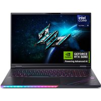 Acer Predator Helios 18 laptop, RGB keyboard, large display, Intel Ultra 9, GeForce RTX 5090, sleek black design.