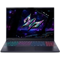Black Acer Predator Helios Neo 16S laptop with RGB backlit keyboard and futuristic screen graphics.