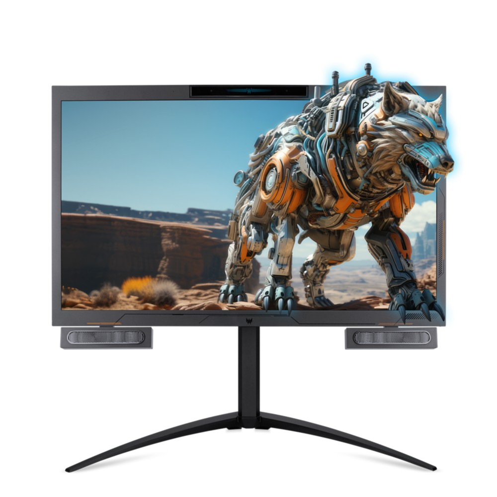 Acer Predator PSV27-2 27" 4K Ultra HD LCD monitor in black, featuring a sleek design with built-in speakers and a vivid display showcasing a robotic wolf.