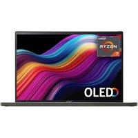 Acer Swift Edge SFE16-44 laptop with AMD Ryzen 7, 16GB RAM, 1TB SSD, black chassis, vibrant OLED display.