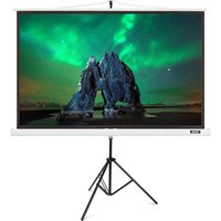 Acer T82-W01MW projection screen, 82.5” 16:10, on a black tripod stand displaying a vivid landscape image.