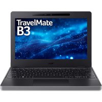 Acer TravelMate B3 laptop, 11.6" screen, black chassis, visible keyboard, blue abstract wallpaper on display.