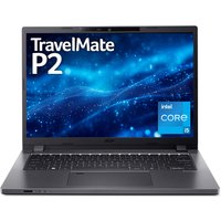 Black Acer TravelMate P2 laptop, 14" screen, Intel i5, 8GB RAM, 256GB SSD, sleek design with blue digital display background.