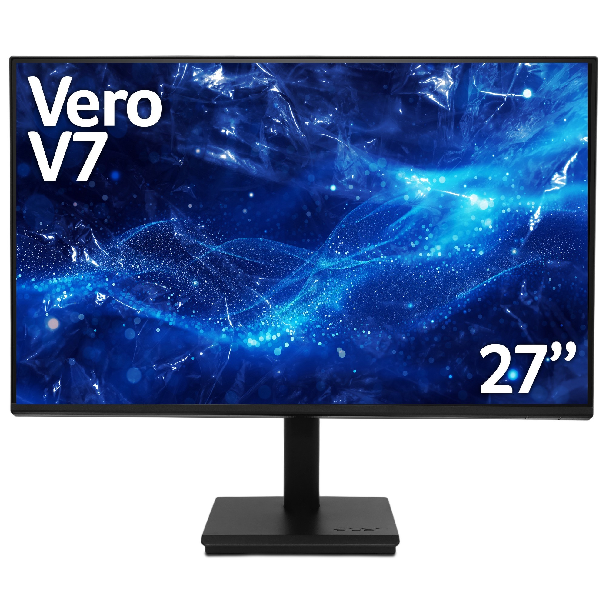 Acer Vero V277G 27" Full HD monitor features a sleek ZeroFrame design, vibrant blue abstract display, and a sturdy black stand, with 120Hz refresh rate and AdaptiveSync technology.