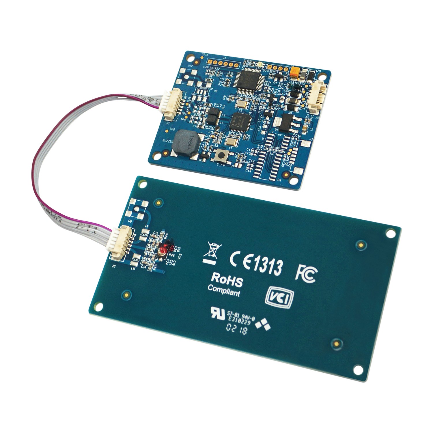 Blue circuit board with various electronic components and connectors, paired with a green interface card featuring white text and compliance markings.