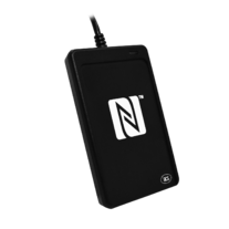 Black ACS CR1252U-M1 card reader with a sleek design, featuring a prominent NFC logo on the front and a cable for connectivity.