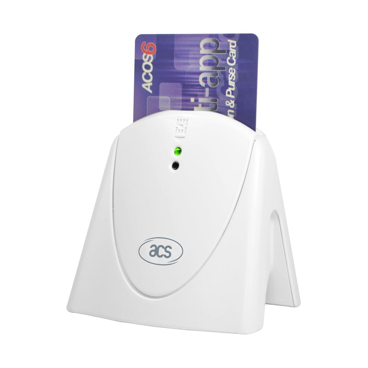 White plastic card reader with a sloped design, featuring a green LED indicator and a card partially inserted, branded with "ACS" on the front.