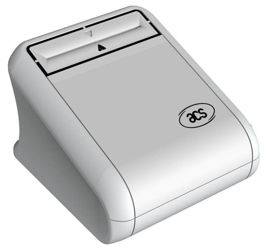 Compact white card reader with a smooth finish, featuring a top slot for card insertion and the ACS logo on the front.