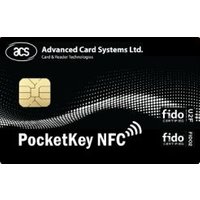 Black ACS PocketKey NFC card with gold chip, white text, and wave design.
