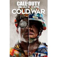 "Call of Duty: Black Ops Cold War Xbox cover with split soldier faces, one in sunglasses, colorful war imagery"