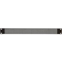 Black Adastra 1U perforated rack panel, 19-inch width, with a mesh center and solid edges with mounting holes.