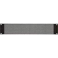 Black Adastra 2U perforated rack panel, rectangular with a mesh center and four mounting holes at the corners.