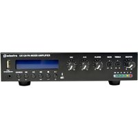 Black Adastra UX120 mixer amplifier with knobs, digital display, USB port, and colorful LED indicators.