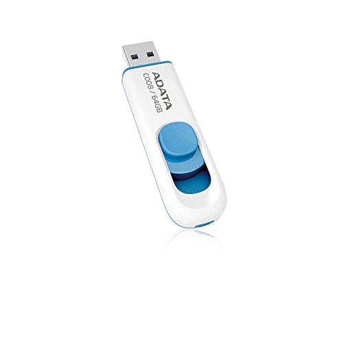 ADATA 64GB C008 USB flash drive in blue and white, featuring a sliding cover mechanism and USB Type-A 2.0 compatibility.