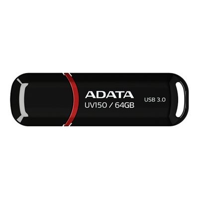 Black USB flash drive with red accents, labeled "ADATA UV150 / 64GB," featuring a sleek design and USB Type-A 3.2 Gen 1 connectivity.