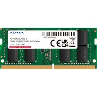 Green ADATA DDR4 memory module, 16 GB, 2 x 8 GB, 260-pin SO-DIMM, black chips, white label with product details.
