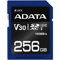 Blue ADATA 256 GB SDXC memory card, UHS-I Class 10, V30, with white text and 100MB/s speed label.