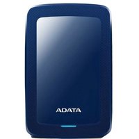Blue ADATA HV300 1TB external hard drive with black trim and glossy front panel.