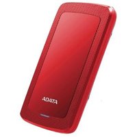 Red ADATA HV300 external hard drive with sleek design and textured edges, 1 TB capacity.
