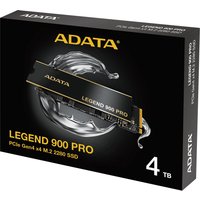 Black ADATA Legend 900 PRO PCIe Gen4 x4 M.2 2280 SSD, 4TB, with gold accents, in sleek black packaging.