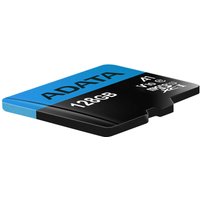 Black and blue ADATA Premier 128 GB MicroSDXC UHS-I Class 10 memory card with white text.