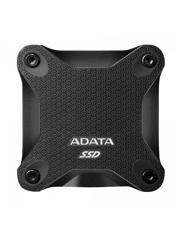 Black ADATA SD620 external SSD with a textured surface, featuring rounded corners and four screw-like details, labeled with "ADATA SSD" in white.