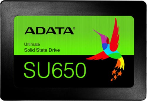 ADATA SU650 960 GB 2.5" SATA III solid state drive with a vibrant green label featuring a colorful hummingbird design and "Ultimate Solid State Drive" text.