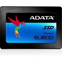 Black ADATA Ultimate SU800 SSD with blue label, colorful hummingbird graphic, and white text.