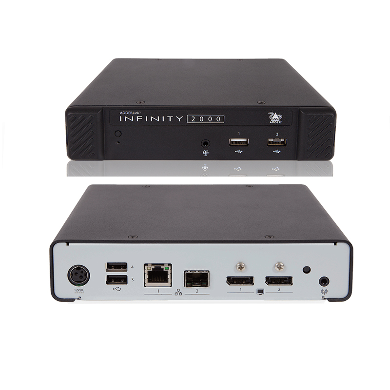 Black dual-head DisplayPort transmitter with a sleek design, featuring USB ports, Ethernet, and multiple DisplayPort outputs, labeled "INFINITY 2000" on the front.
