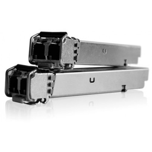 Two silver metal network transceiver modules with LC connectors, featuring a sleek design and a compact form factor, suitable for 10G SFP multimode applications.