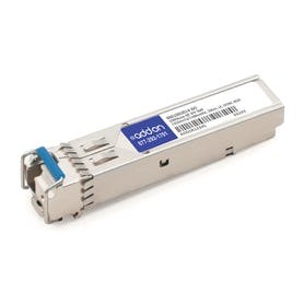 Silver metal network transceiver module with a blue latch, featuring a label with "AddOn" branding and a barcode, designed for fiber optic connections.