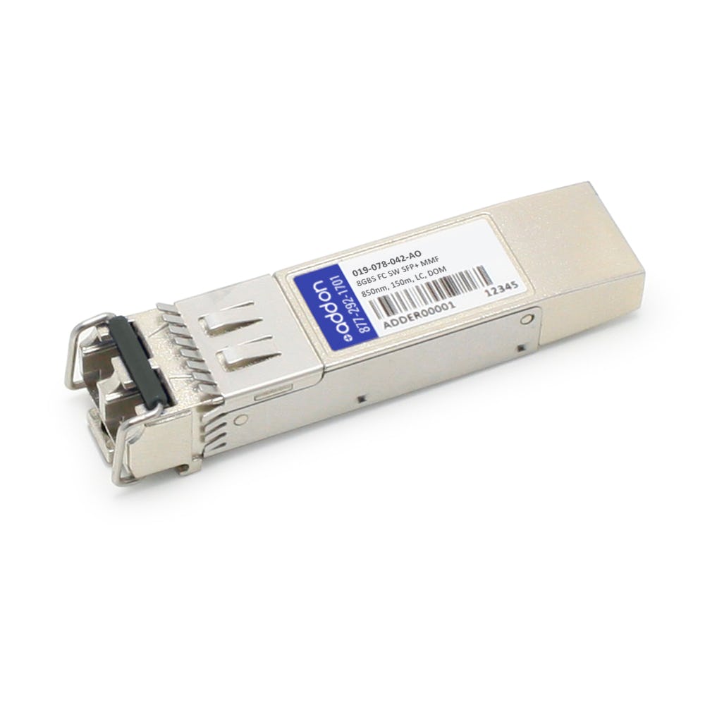 Silver metal SFP+ transceiver with a labeled side, featuring a latch mechanism and a small LC connector at the front, designed for high-speed data transmission.