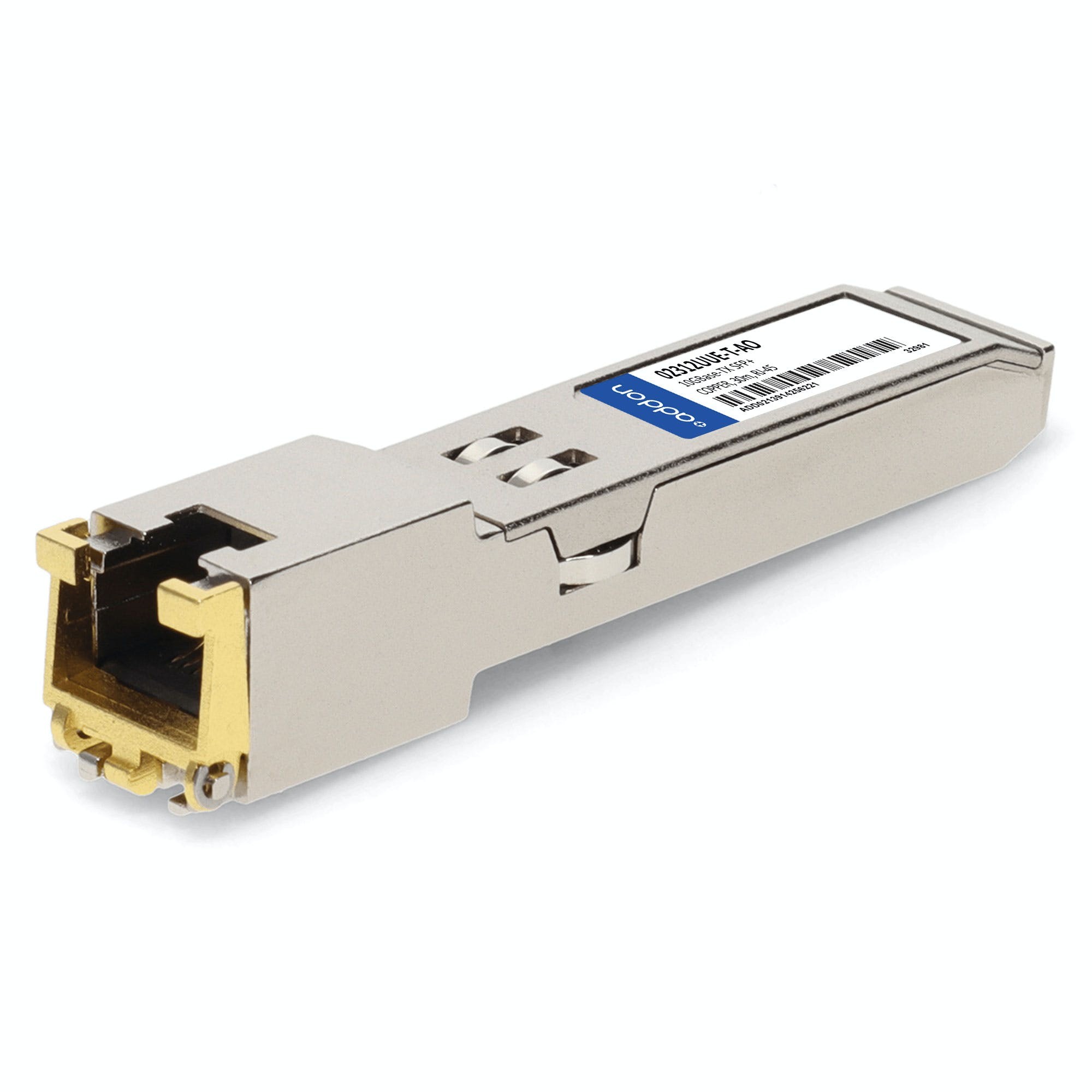 Copper network transceiver module with a metallic silver finish, featuring a gold-plated connector and a blue label with product information on the side.