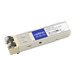 Addon HP 3CSFP91 compatible 1000Base-SX SFP transceiver in a compact white casing with blue labeling, featuring dual LC connectors for fiber optic connections.
