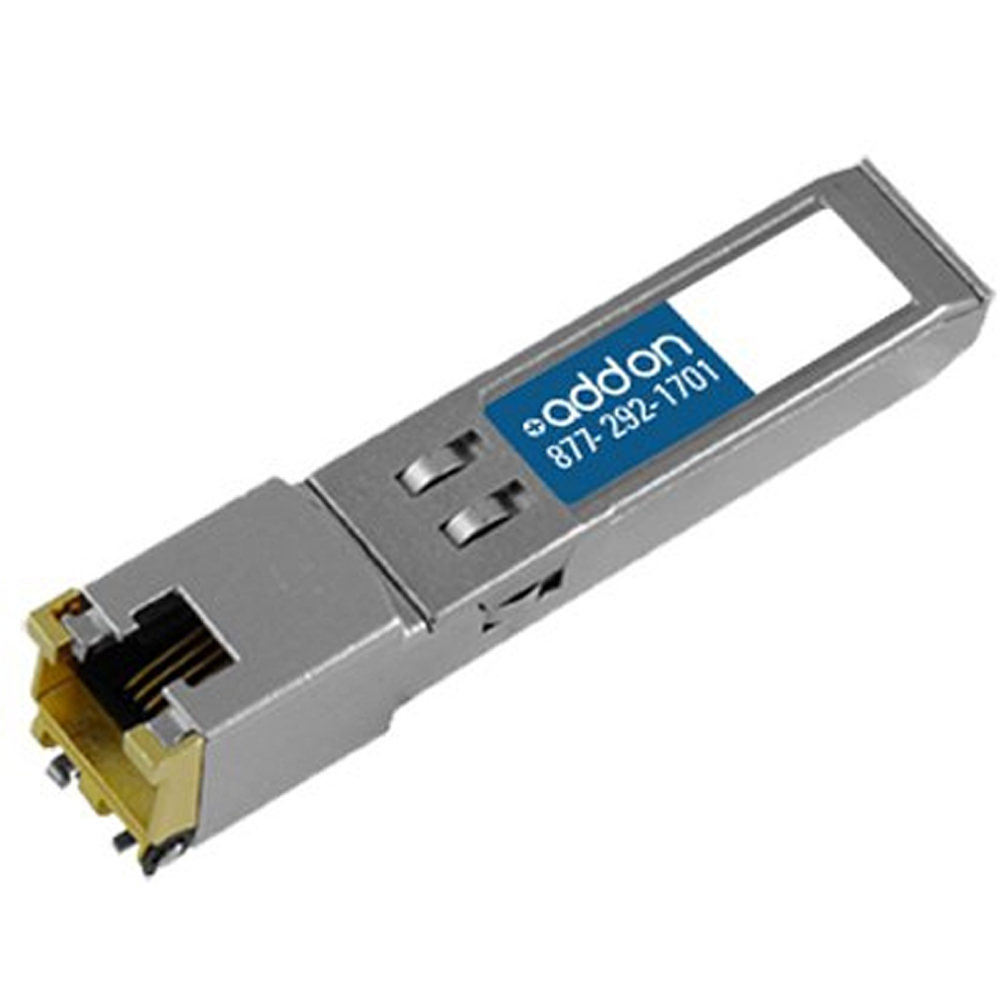 Silver metal SFP network transceiver module with a gold-plated connector, featuring a blue label with "addon" and contact information, designed for 1000BASE-TX copper connections.