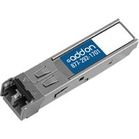Silver AddOn Networks 1000BASE-ZX SFP transceiver module with blue logo and fiber optic ports.