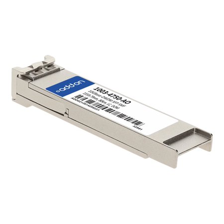 Silver metal transceiver module with a label featuring "AddOn" and "1003-4750 AO," designed for optical networking applications.