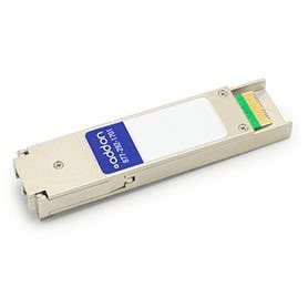 AddOn Networks 1003-4752-AO Network Transceiver Module features a metallic silver casing with a blue label, designed for fiber optic connectivity, compact and sleek in design.