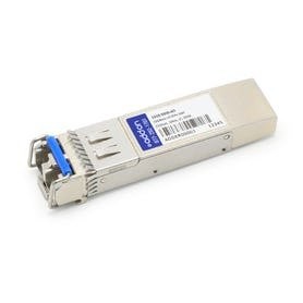 Silver metal network transceiver module with a blue latch, featuring a label on the side, designed for fiber optic connections, compact and rectangular in shape.