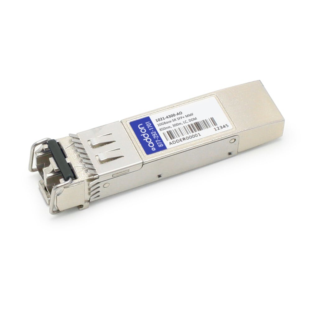 Silver metal network transceiver module with a compact design, featuring a connector at one end and a label on the side indicating model number 1021-4300-AO by AddOn Networks.