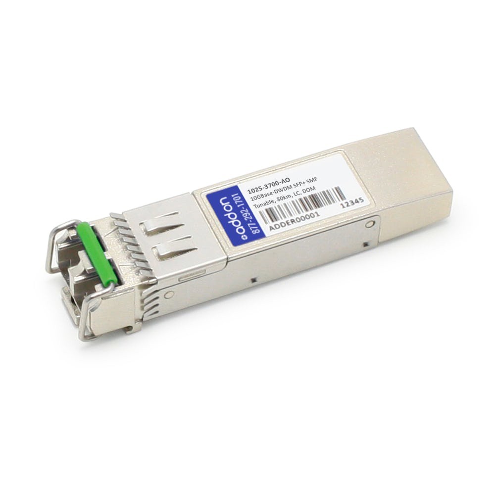 Silver metal transceiver module with a green latch, labeled "AddOn Networks 1025-3700-AO," designed for fiber optic SFP connections.
