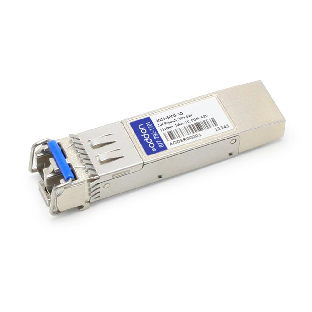 Silver metal network transceiver module with a blue latch, labeled "AddOn Networks 1025-5000-AO," designed for fiber optic SFP connections.