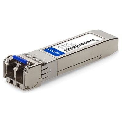 Silver fiber optic transceiver module with a blue latch and a label on the side, designed for network connectivity, featuring a compact and sleek rectangular shape.