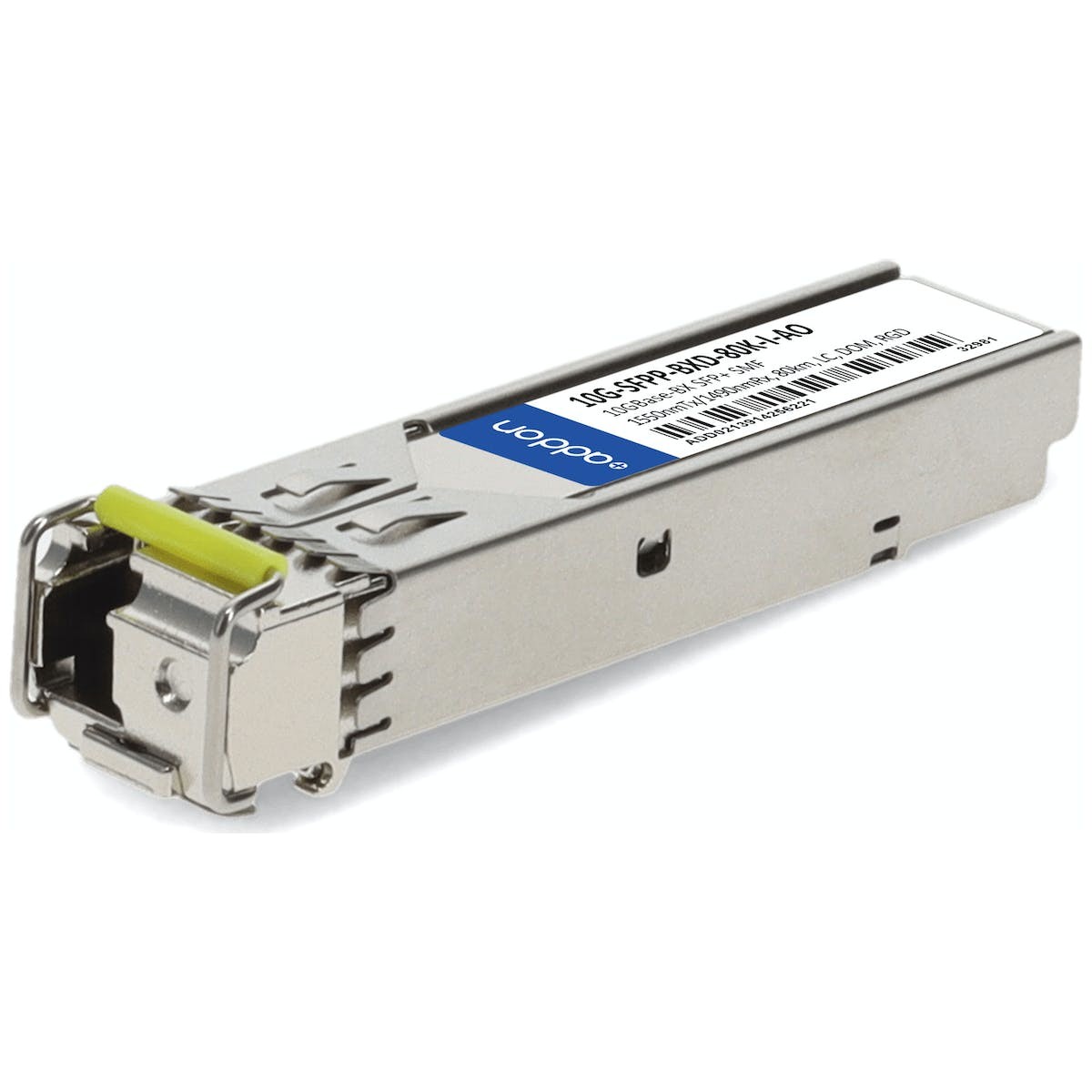 Silver metal network transceiver module with a yellow latch, labeled "10G-SFPP-BXD-80K-I-AO" by AddOn Networks, designed for fiber optic connections.